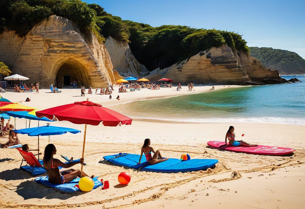 A vibrant beach scene featuring a diverse group of women of various body types and ethnicities joyfully trying on different styles of bikinis, surrounded by colorful beach umbrellas, tropical drinks, and playful beach balls. The sun is shining brightly, casting warm golden hues, and the ocean waves can be seen gently lapping at the shore. Include elements of fun and adventure, like a paddleboard and sandcastle in the background. super-realistic. vibrant colors. summertime vibe.